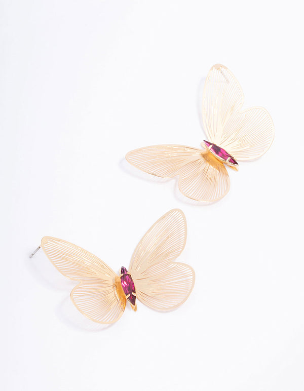 Gold Textured Butterfly Statement Stud Earrings