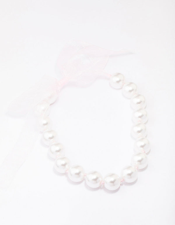 Large Pearl & Pink Chiffon Tie Statement Necklace