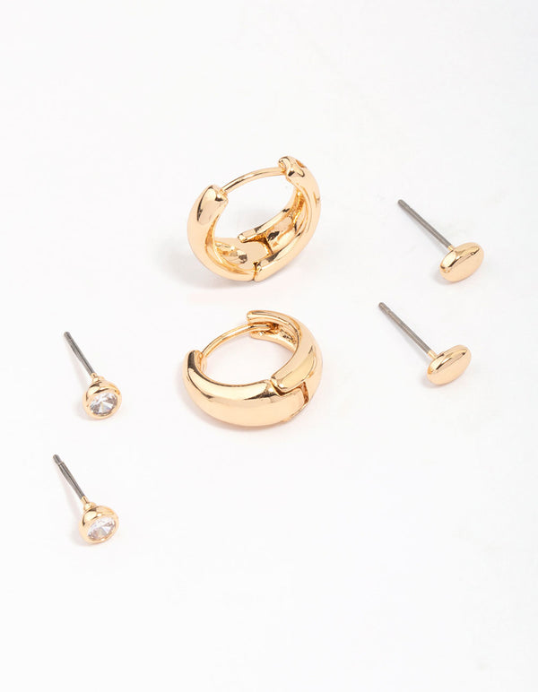 Gold Mixed Simple Stud & Hoop Earring 3-Pack