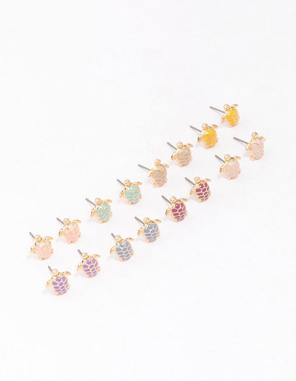 Gold Multi-Coloured Turtle Stud Earring 8-Pack