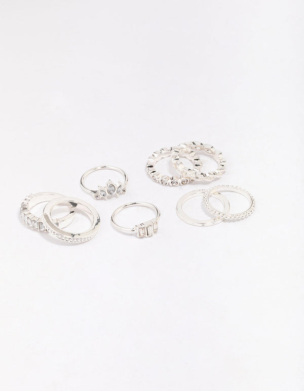 Silver Diamante Mixed Band Ring Pack