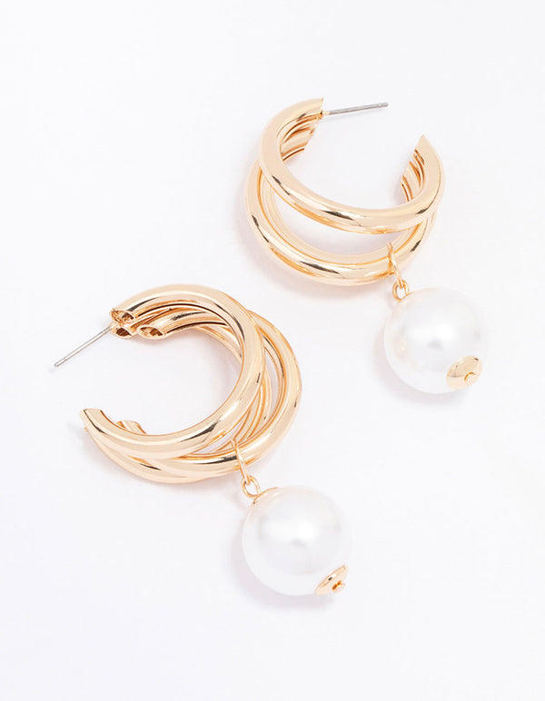 Gold Triple Row Pearl Drop Earrings