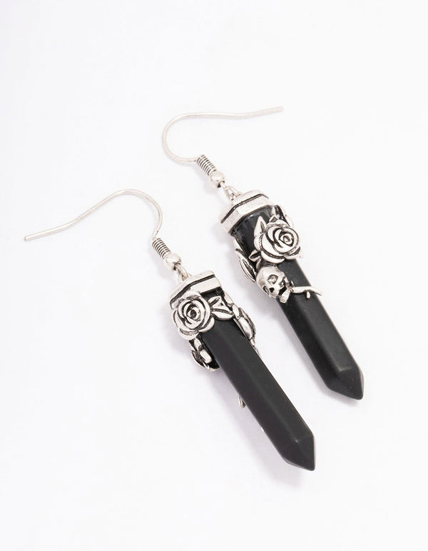 Antique Silver Skull & Black Stone Drop Earrings