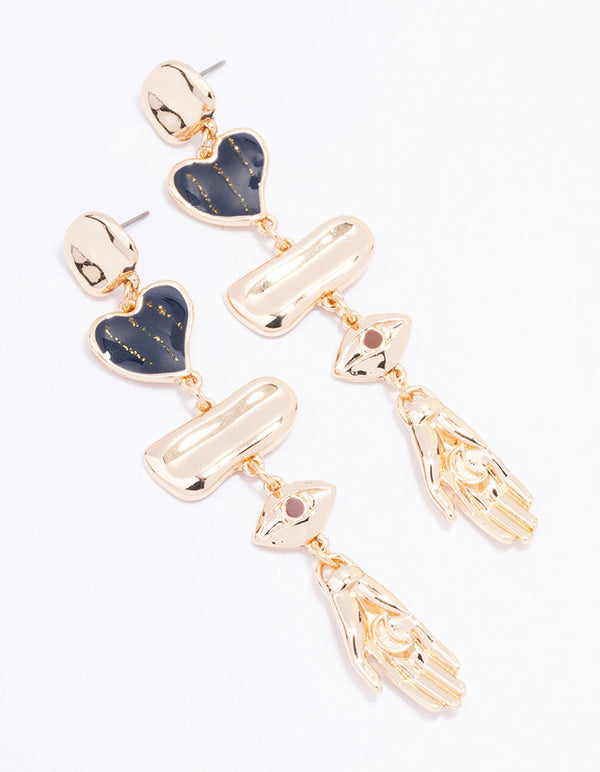 Gold Heart Hand Drop Earrings