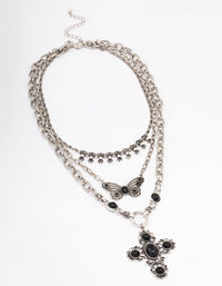 Antique Silver Butterfly Cross Stone Layered Necklace - link has visual effect only