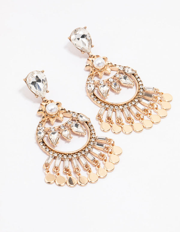 Antique Gold Multi Diamante Stone Drop Earrings