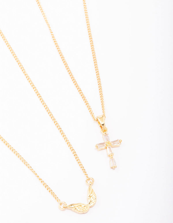 Gold Plated Wings & Diamante Cross Necklace 2-Pack