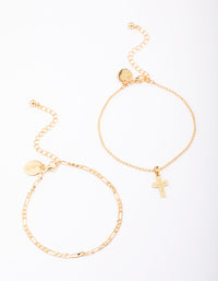 Gold Plated Figaro & Ball Cross Bracelets 2-Packs - link has visual effect only