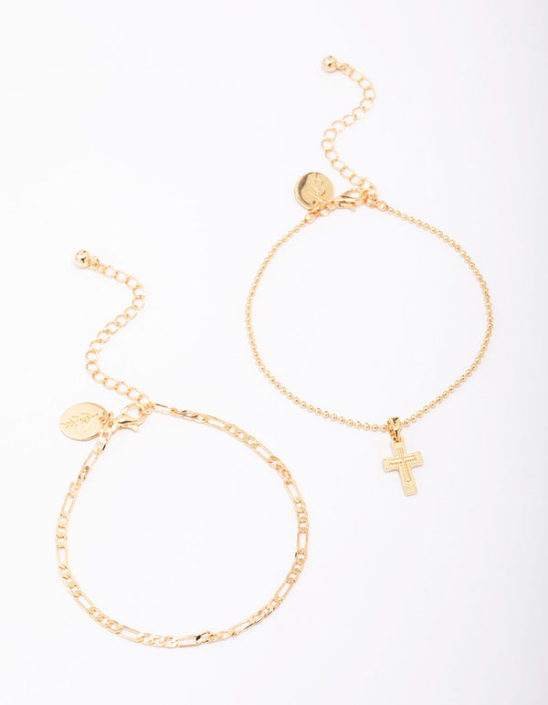 Gold Plated Figaro & Ball Cross Bracelets 2-Packs