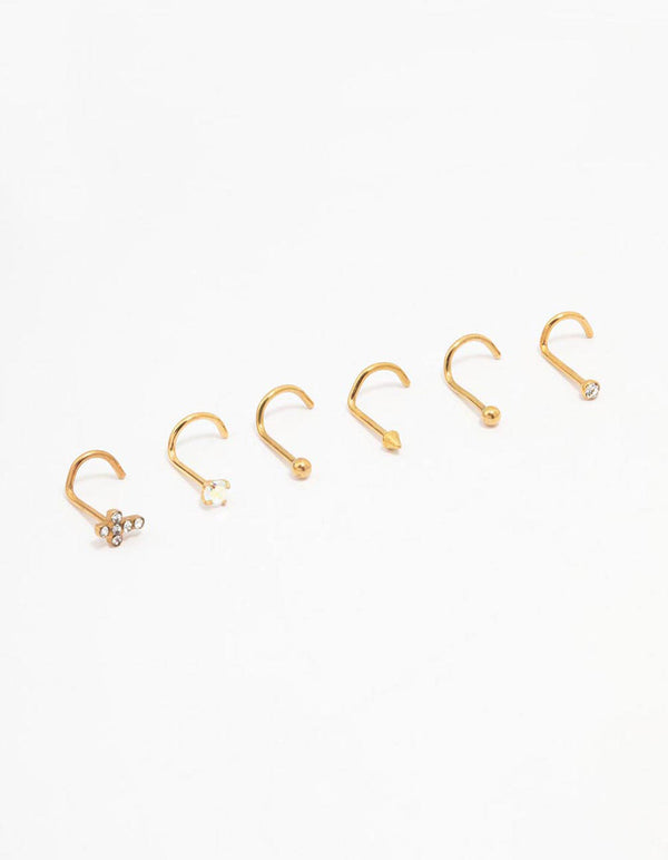 Gold Plated Surgical Steel Diamante Cross Nose Piercing 6-Pack