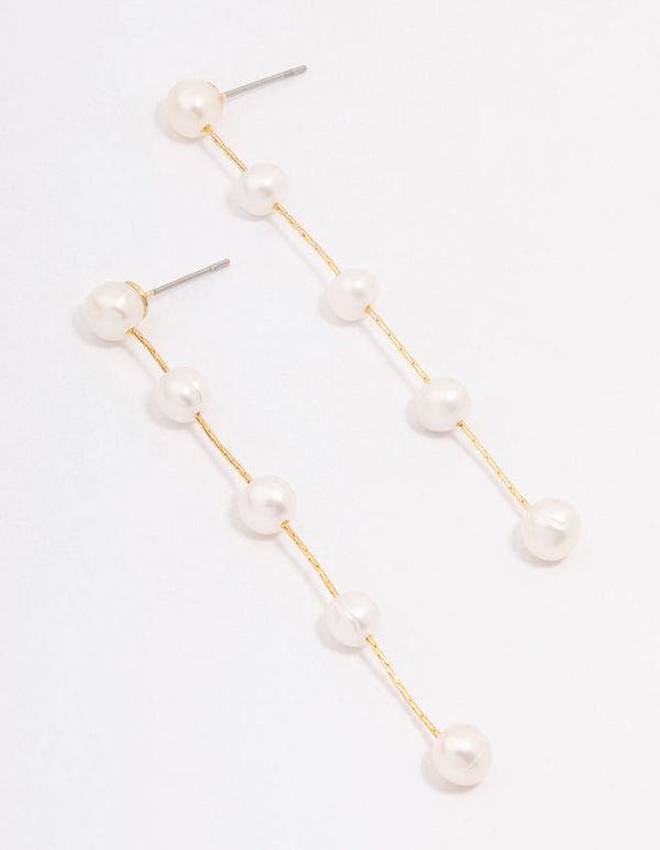 Gold Plated Freshwater Pearl Long Dainty Drop Earrings