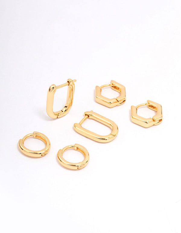 Gold Plated Hexagon Hoop Earring 3-Pack