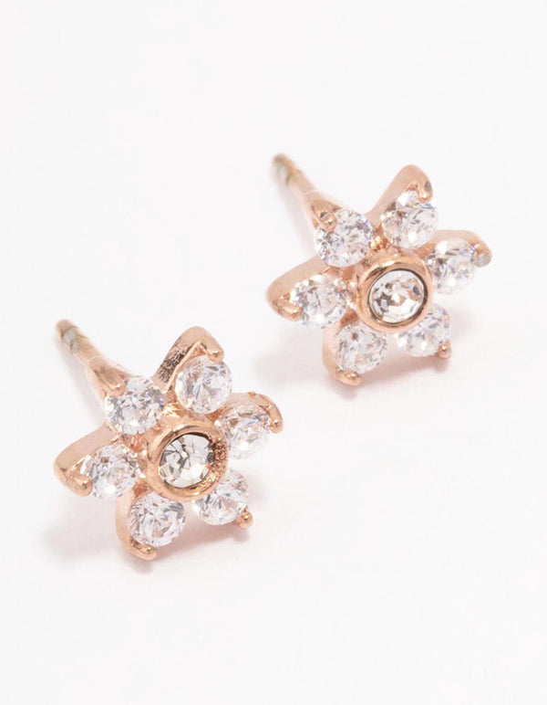 Rose Gold Plated Surgical Steel Cubic Zirconia Flower Stud Earrings