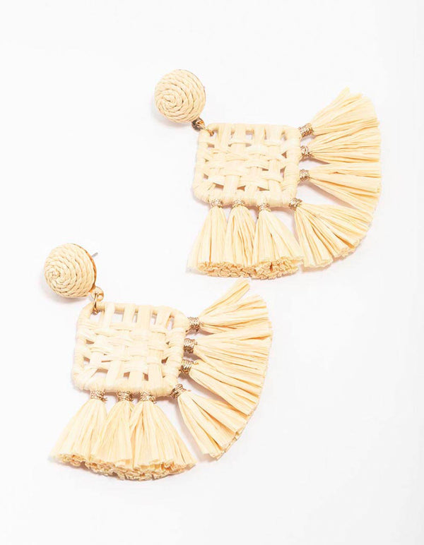 Cream Woven Square Tassel Drop Earrings