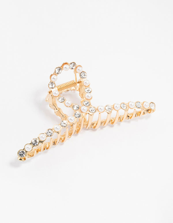 Gold Plated Diamante & Pearl Twisted Claw Clip