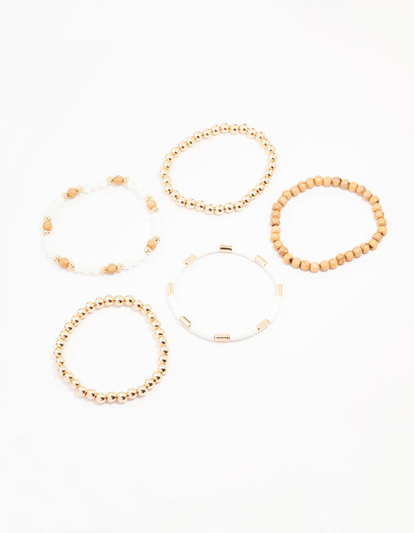 Gold & Wooden Beaded Bracelet 5-Pack