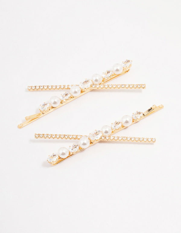 Gold Pearl & Crystal Cross Hair Clip 2-Pack