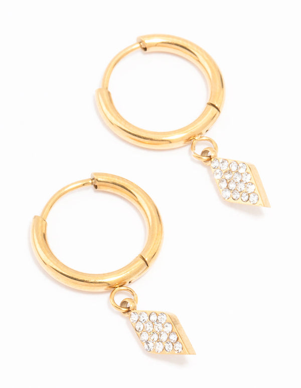 Gold Plated Surgical Steel Pave Diamante Charm Huggie Earrings