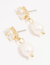 Gold Plated Emerald-Cut Crystal & Pearl Drop Earrings - link has visual effect only