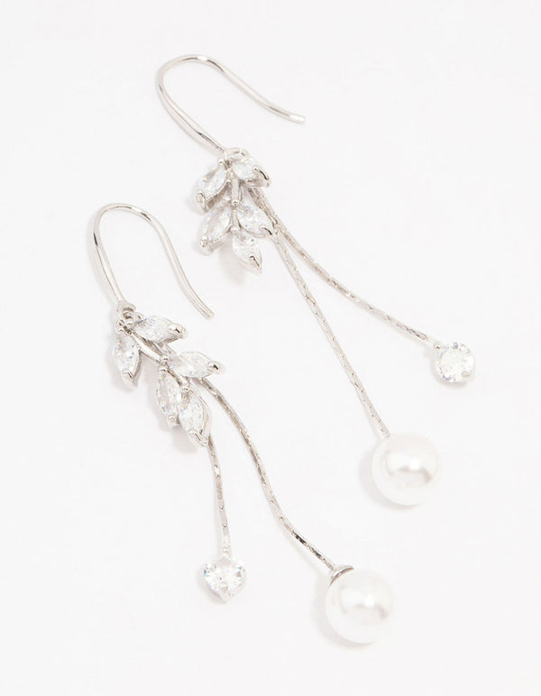 Rhodium Cubic Zirconia Leaf & Pearl Drop Earrings