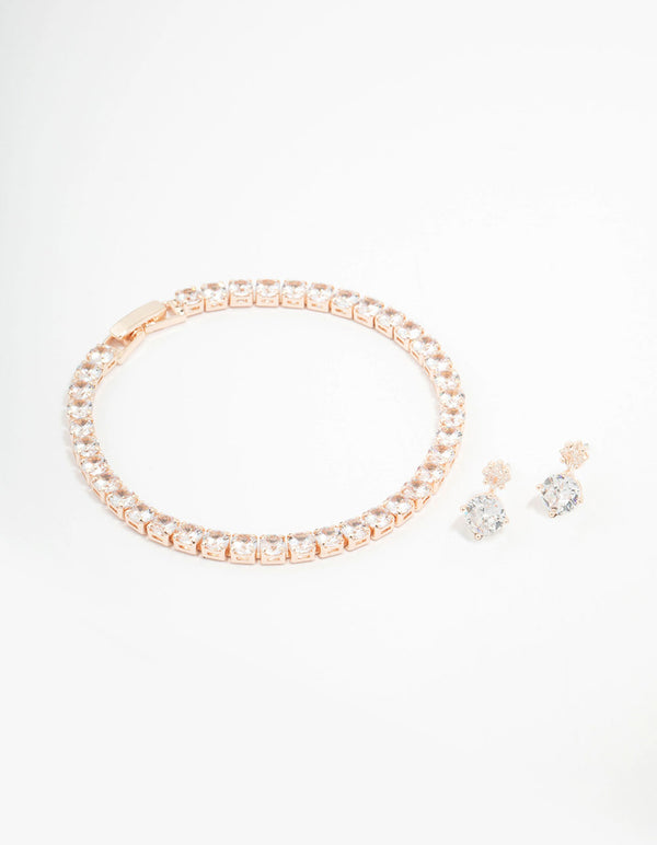 Rose Gold Round Tennis Bracelet & Earring Set