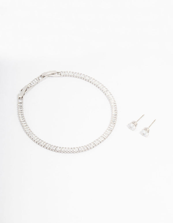 Rhodium Cubic Zirconia Baguette Tennis Bracelet & Earring Set