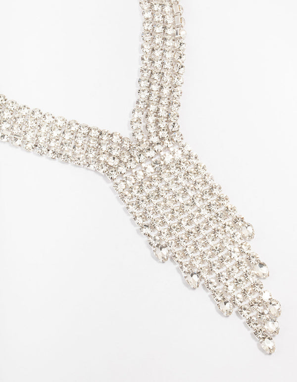 Rhodium Multi Row Diamante Necklace