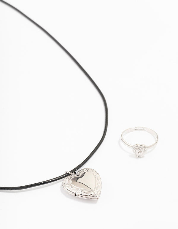 Rhodium Heart Locket Jewellery Set