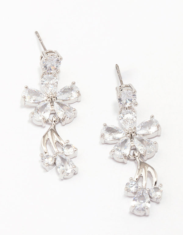 Silver Cubic Zirconia Flower Small Drop Earrings