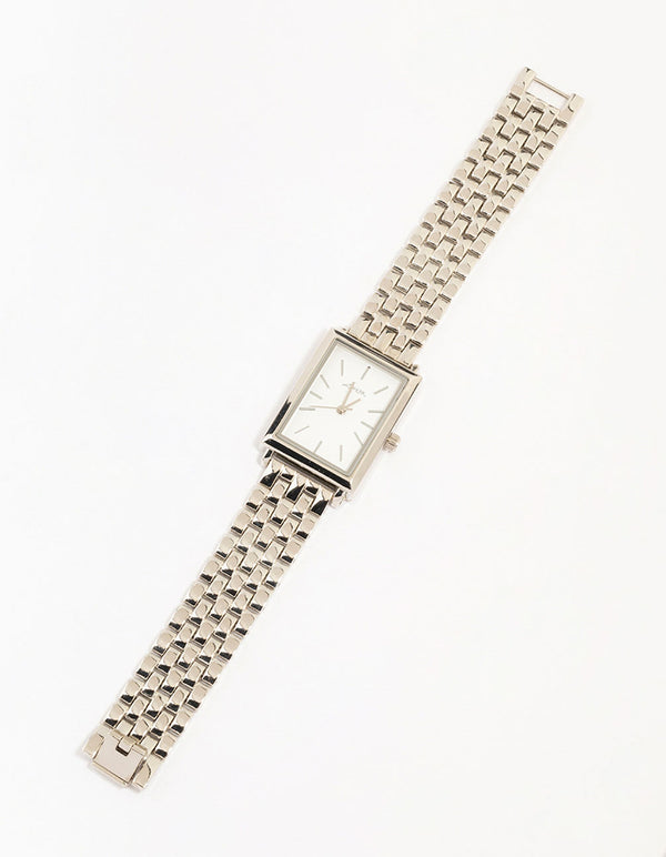 Rhodium White Rectangle Watch