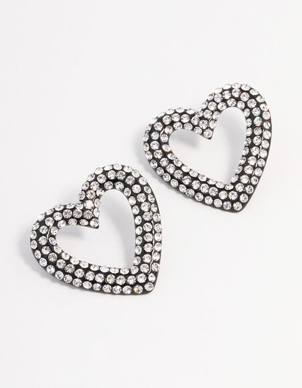 Gunmetal Diamante Heart Stud Earrings