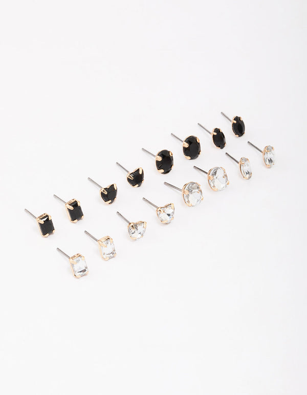 Silver Black Diamante Stud Earring 8-Pack