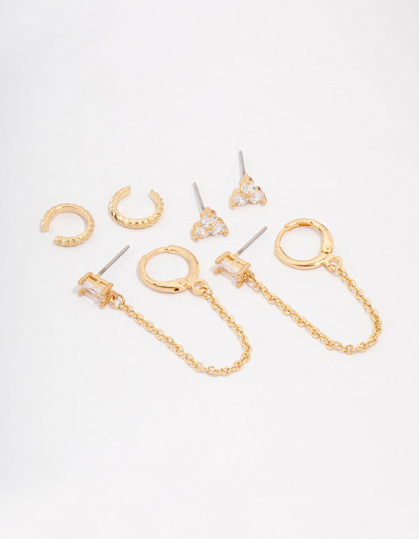 Gold Plated Baguette Chain Flower Earring 4-Pack