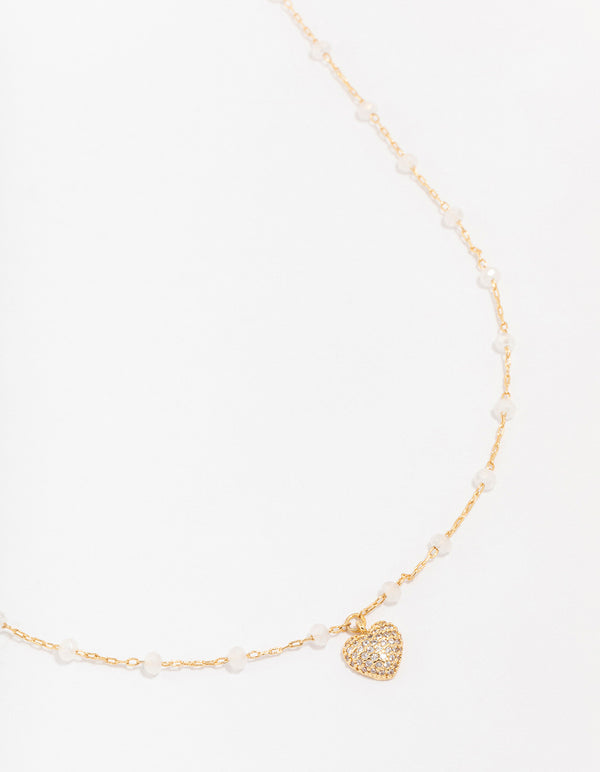 Gold Plated Station Puffy Cubic Zirconia Heart Pendant Necklace