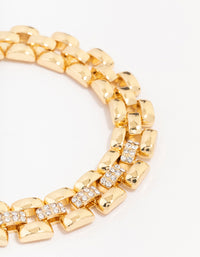 Gold Plated Brass Square Link Pave Chain Bracelet - link has visual effect only