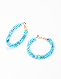 Gold & Blue Beaded Round Hoop Earrings - link has visual effect only