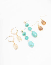 Gold Mixed Shell Drop Earrings 3-Pack - link has visual effect only