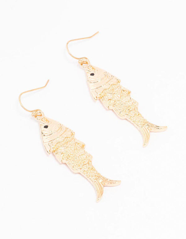 Gold Textured Fish Drop Earrings