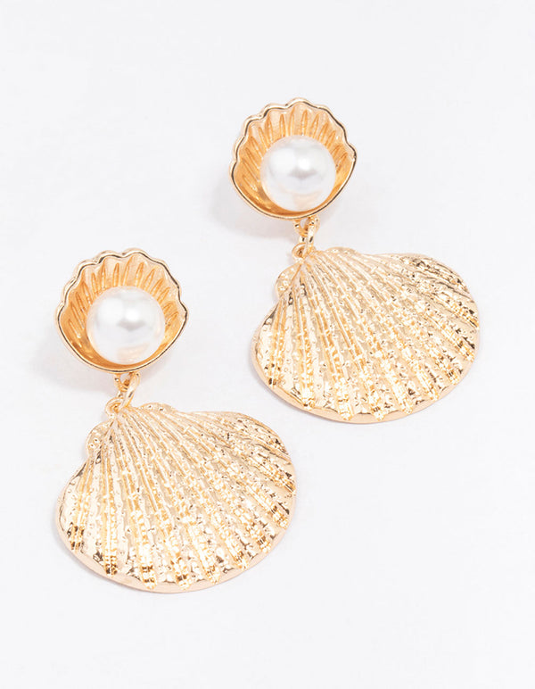 Gold Shell & Pearl Drop Earrings