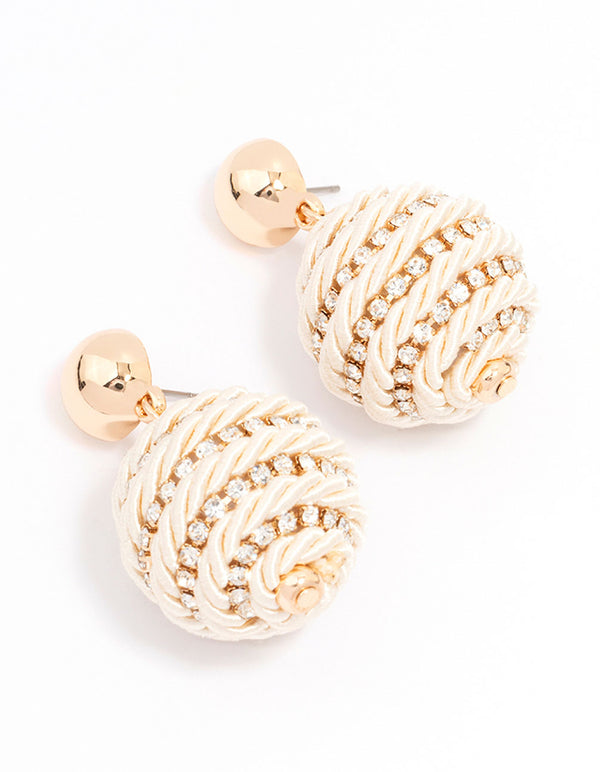 Fabric Woven Ball Diamante Drop Earrings