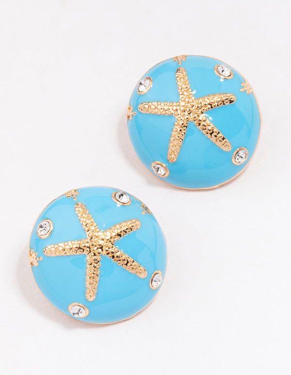 Gold & Blue Enamel Starfish Stud Earrings