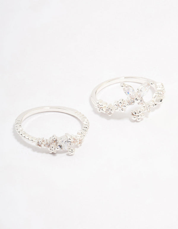 Silver Plated Floral Stone Stacking Rings