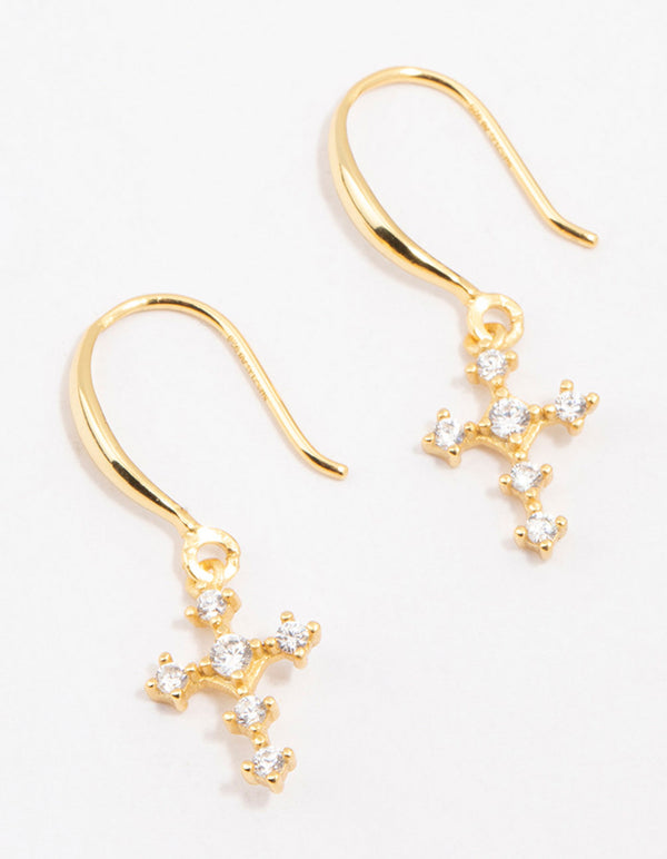 Gold Plated Sterling Silver Cubic Zirconia Cross Dangly Earrings