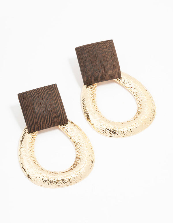 Gold Square Wooden Molten Teardrop Earrings