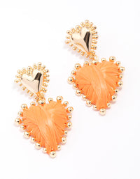 Gold & Orange Raffia Wrap Heart Stud Earrings - link has visual effect only