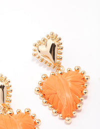 Gold & Orange Raffia Wrap Heart Stud Earrings - link has visual effect only