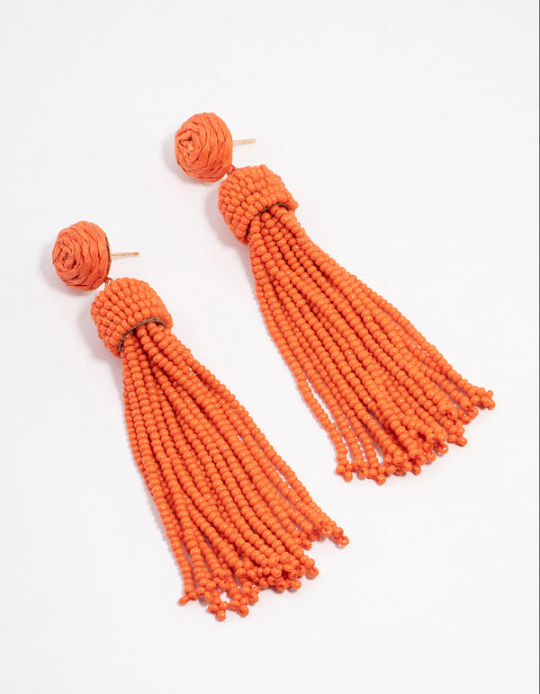 Orange Beaded Layered Fringe Drop Earrings