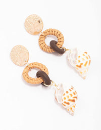 Worn Gold Woven Raffia & Shell Drop Earrings - link has visual effect only