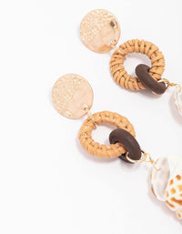 Worn Gold Woven Raffia & Shell Drop Earrings - link has visual effect only