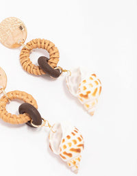 Worn Gold Woven Raffia & Shell Drop Earrings - link has visual effect only